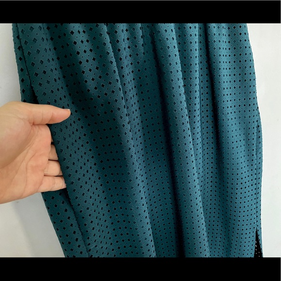 J. Crew Teal Green Perforated Laser Cut Diamonds Draped Slit Midi Dress - Picture 6 of 6